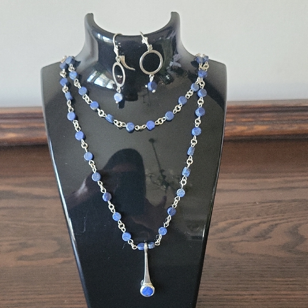 Lapis Blue and .925 Sterling Silver Necklace with Earrings.